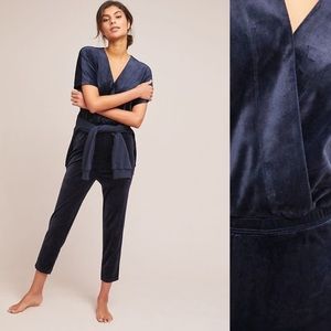 Anthropologie Blue Velour Jumpsuit Sz-Small |